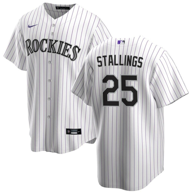 Men's Colorado Rockies #25 Jacob Stallings White Cool Base Stitched Baseball Jersey
